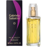 Gabriela Sabatini Eau de Toilette 60ml, clear glass bottle with gold cap, beside black and purple box.