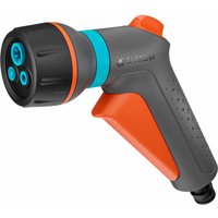 Gardena Classic Compact Multi Spray Gun, gray with orange trigger, black nozzle, and blue accents.