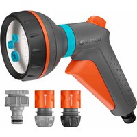 Gray and orange Gardena spray gun with blue nozzles, includes connectors for garden hose attachment.
