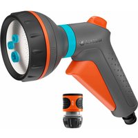 Gardena Classic Multi Sprayer, gray with orange accents, includes a water stop connector, ergonomic handle.