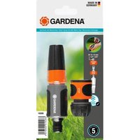 Gardena sprayer set with orange and black nozzle, grey grip, and hose connector in clear packaging.