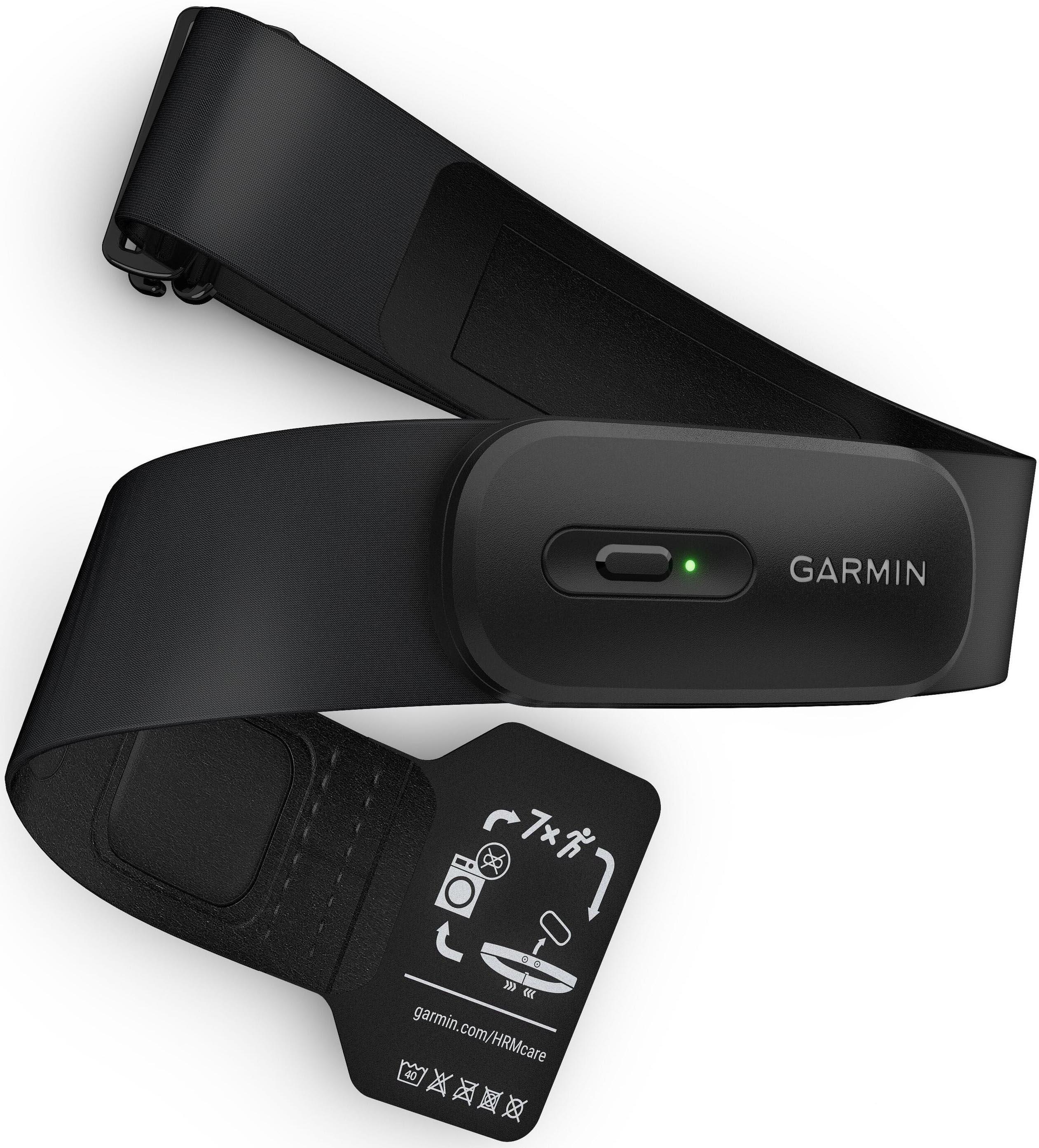 Black Garmin HRM 200 heart rate monitor strap, small size, with central sensor and LED indicator.