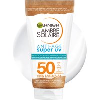 White tube of Garnier Ambre Solaire SPF50 Anti-Age Cream with brown cap and bold orange "50" on front.