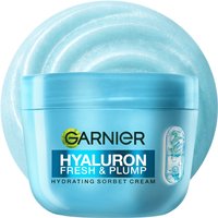 Blue Garnier Hyaluron Fresh & Plump Sorbet Cream jar, 85ml, with swirl design on lid and hydrating label.