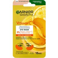 Garnier Skin Active Vitamin C Eye Mask in yellow packaging with orange slices and eye patch graphics.