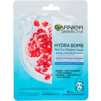 Garnier SkinActive Hydra Bomb Sheet Mask in blue packaging with pomegranate design and hydration claims.