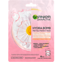 Pink Garnier SkinActive Hydra Bomb Sheet Mask packaging with chamomile flower and product details.