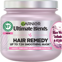 Garnier Ultimate Blends Hair Remedy jar, 340 ml, pink container with green logo and text detailing smoothing mask benefits.