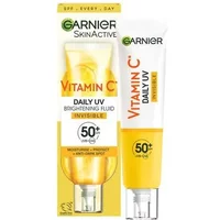 Garnier Vitamin C Daily UV Brightening Fluid SPF 50, 40ml tube with orange accents and matching box.