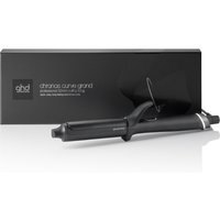 Black ghd Chronos Curve Grand Tong 32mm hair curler with sleek design and ergonomic handle, shown with black box.
