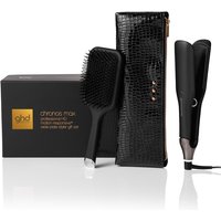 Black ghd Chronos hair straightener set with paddle brush, crocodile-textured case, and branded box.