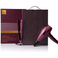 Cherry red ghd Chronos Styler and Helios Hairdryer set with textured case and packaging.
