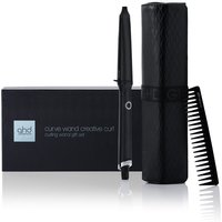 Black ghd curling wand with tapered barrel, black heat-resistant roll bag, and black comb.