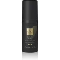 Black GHD Dramatic Ending serum bottle with gold logo, smooth cylindrical design, 30ml size.