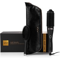 Black ghd Duet Blowdry set with 2-in-1 hair dryer brush, oval brush, and textured black pouch.