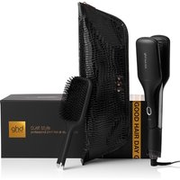 Black GHD 2-in-1 hot air styler with paddle brush, sleek black case, and festive gift box.