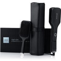 Black ghd Duet Style 2-in-1 hot air styler with paddle brush and quilted heat-resistant case.