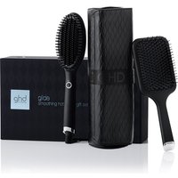 Black GHD Glide hot brush set with paddle brush, quilted storage bag, and branded gift box.