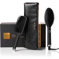 Black GHD Glide hot brush with sleek design, textured handle, and matching black gift pouch.