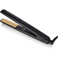 Black GHD hair straightener with gold ceramic plates and round power button.