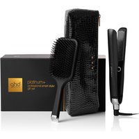 Black GHD Platinum+ Styler with sleek design, paddle brush, and textured black case in gift set packaging.