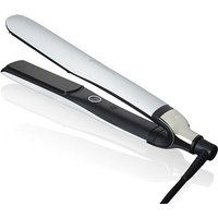White GHD Platinum+ hair styler with black plates, sleek curved design, and swivel cord.