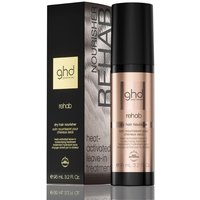 GHD Rehab Dry Hair Nourisher, bronze bottle with black cap, heat-activated leave-in treatment, boxed packaging.