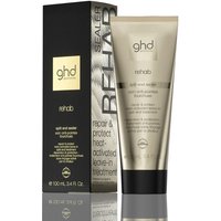 Gold tube of ghd Rehab Split End Sealer next to black box with gold text.