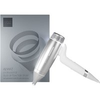 Silver white GHD Speed Ionic hair dryer with sleek handle and metallic finish, next to matching box.