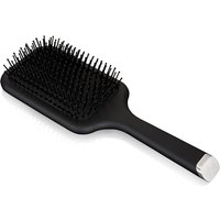 Black GHD paddle hair brush with wide rectangular head and cushioned bristles, featuring a sleek handle and silver end.