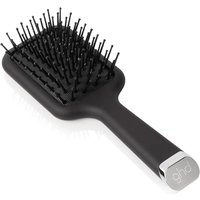Black GHD mini paddle hair brush with rectangular head, nylon bristles, and silver logo on handle end.