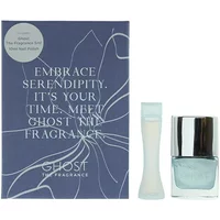 Ghost Original Gift Set with 5ml Eau De Toilette in sleek bottle and 10ml metallic blue nail polish in square glass bottle.