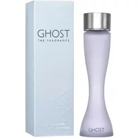 Tall, frosted lavender bottle with silver cap, next to light blue box labeled "Ghost The Fragrance Eau De Toilette 100ml".