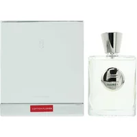 Clear bottle with silver cap, Giardino Benessere Cotton Flower Eau De Parfum 100ml, next to white box with red label.