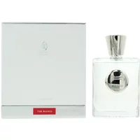 Clear glass bottle with silver cap, "The Bianco" label, next to white box with red accent, 100ml Eau De Parfum.