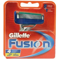 Gillette Fusion 5 Razor Blades 4 Pack in orange packaging with blue razor head and five silver blades.