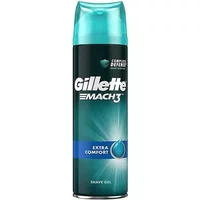 Gillette Mach 3 Shave Gel 200ml, teal cap, dark blue can, "Extra Comfort" label with water droplet graphic.