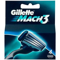 Gillette Mach3 Razor Blades 4 Pack with black handle and triple blade design in blue packaging.