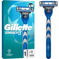 Blue Gillette Mach3 razor with ergonomic handle, triple blade, and matching packaging featuring logo and Champions League branding.