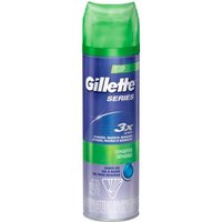 Gillette Series 3X Sensitive Gel, 200ml can, blue and silver with green cap, for shaving comfort.