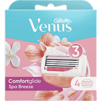 Gillette Venus Comfortglide Spa Breeze razor blades, 4-pack, pink and white with floral accents on packaging.