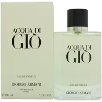 Clear glass bottle of Giorgio Armani Acqua Di Gio Eau De Parfum 100ml with black cap and bold black lettering.