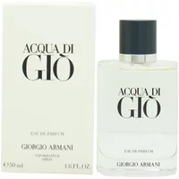 Clear glass bottle with black cap, labeled "Acqua Di Gio" by Giorgio Armani, next to matching white box, 50ml.