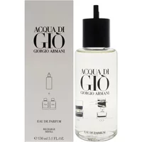 Giorgio Armani Acqua Di Gio refillable clear bottle with black cap, 150ml, beside matching branded box.