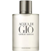 Clear glass bottle with silver cap, labeled "Acqua Di Gio" by Giorgio Armani, 50ml Eau De Toilette spray.