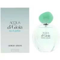 Clear glass bottle with aqua cap, Giorgio Armani Acqua Di Gioia Eau De Parfum, 30ml, beside matching box.