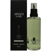 Clear glass bottle of Giorgio Armani Code Eau De Toilette 150ml with black spray cap, next to a black box.