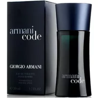 Giorgio Armani Code Eau De Toilette 50ml, sleek black bottle with a dark blue cap, next to matching box.