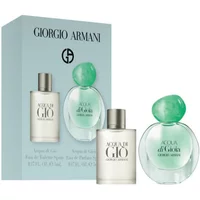 Giorgio Armani gift set with 5ml Acqua Di Gio EDT and 5ml Acqua di Gioia EDP, featuring sleek bottles and branded box.