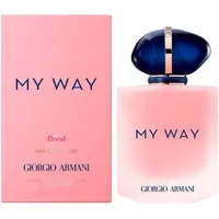 Giorgio Armani My Way Floral Eau De Parfum 50ml, pink bottle with blue cap, next to matching pink box.